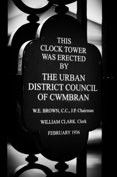 Cwmbran Council plaque on the Old Cwmbran War Memorial Clock
