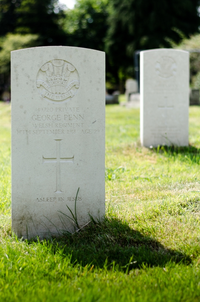 The grave of Private George Penn who died in the Great War and is buried at Cwmbran cemetery, Llantarnam
