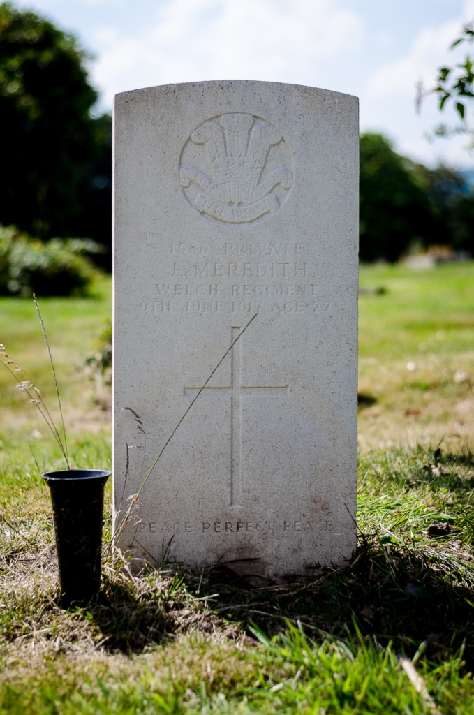 The grave of John Meredith who died in the first world war and is buried in Cwmbran cemetery, Llantarnam