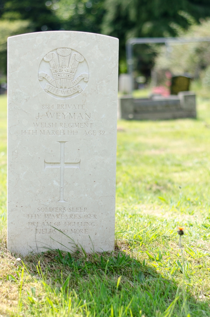 The grave of Private J. Weyman at Llantarnam cemetery in Cwmbran