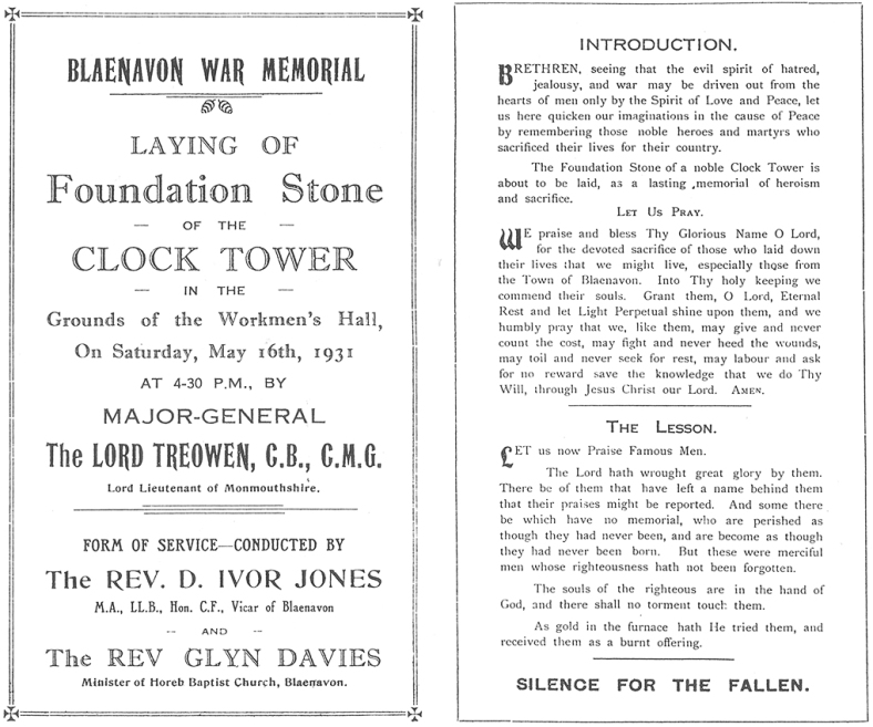 Blaenavon War Memorial Service - Laying of the Foundation Stone by Lord Treowen