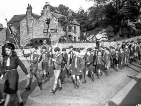 Old image of Maltby Scouts & Cubs marching alomg Blyth Road and passing Millindale.