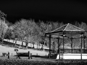 A black and white image of the bandstand in Pontypool park.