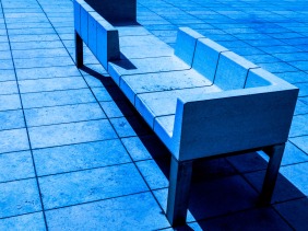 Monochrome image of concrete seating.