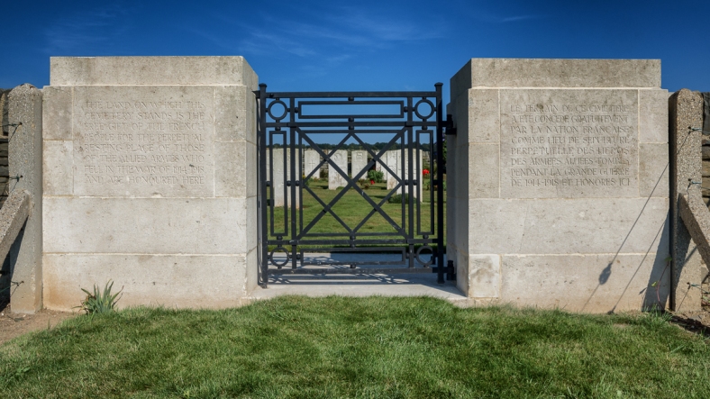 The gate to Guards' Cemetery, Combles, France.